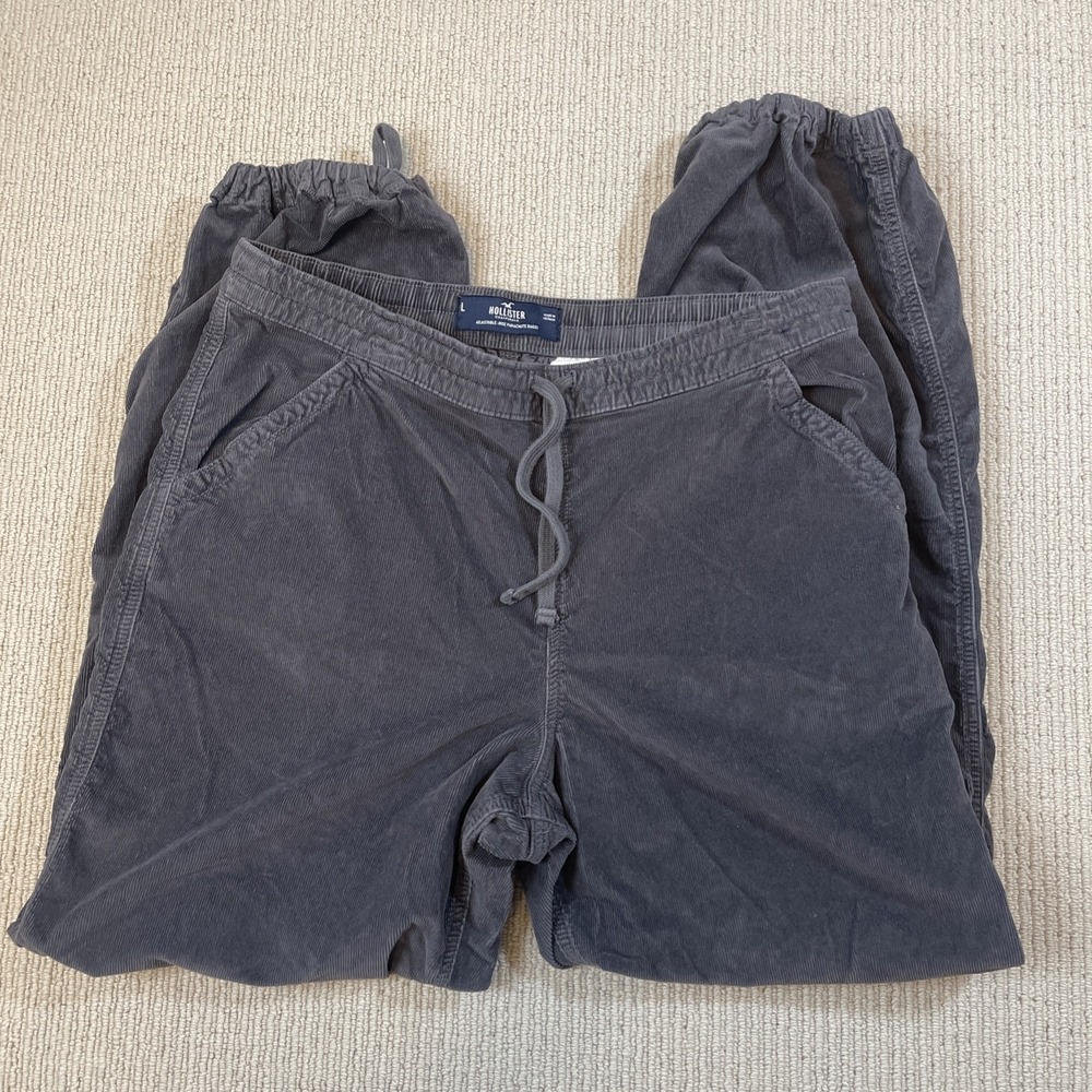 Hollister Mens Large Jogger Gray Corduroy Adjustable Rise Parachute Baggy Pocket